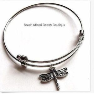 Dragonfly Charm Slider Wire Bracelet Crystal Silver Rhodium Plated Insect